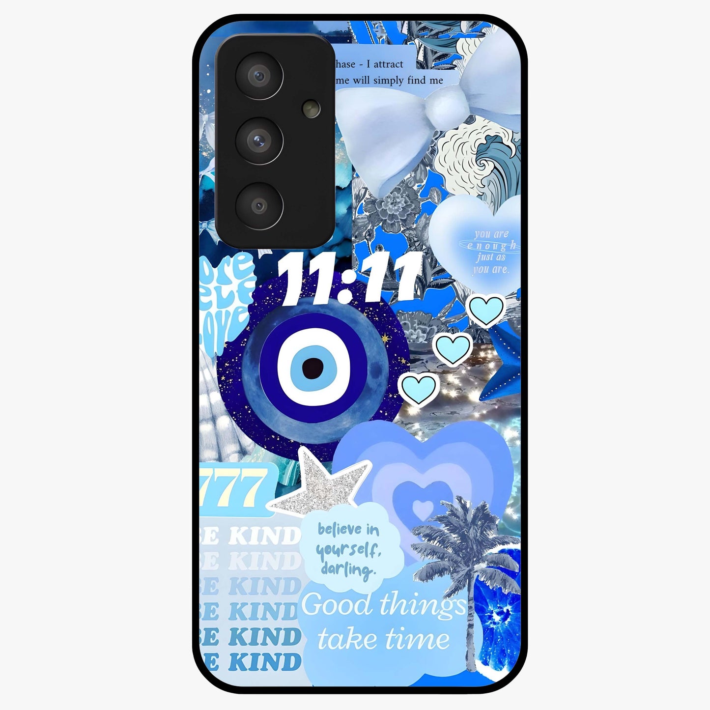 Aesthetic Be Kind Eye Glass Case showing flat back view with motivational eye artwork and glossy glass finish.