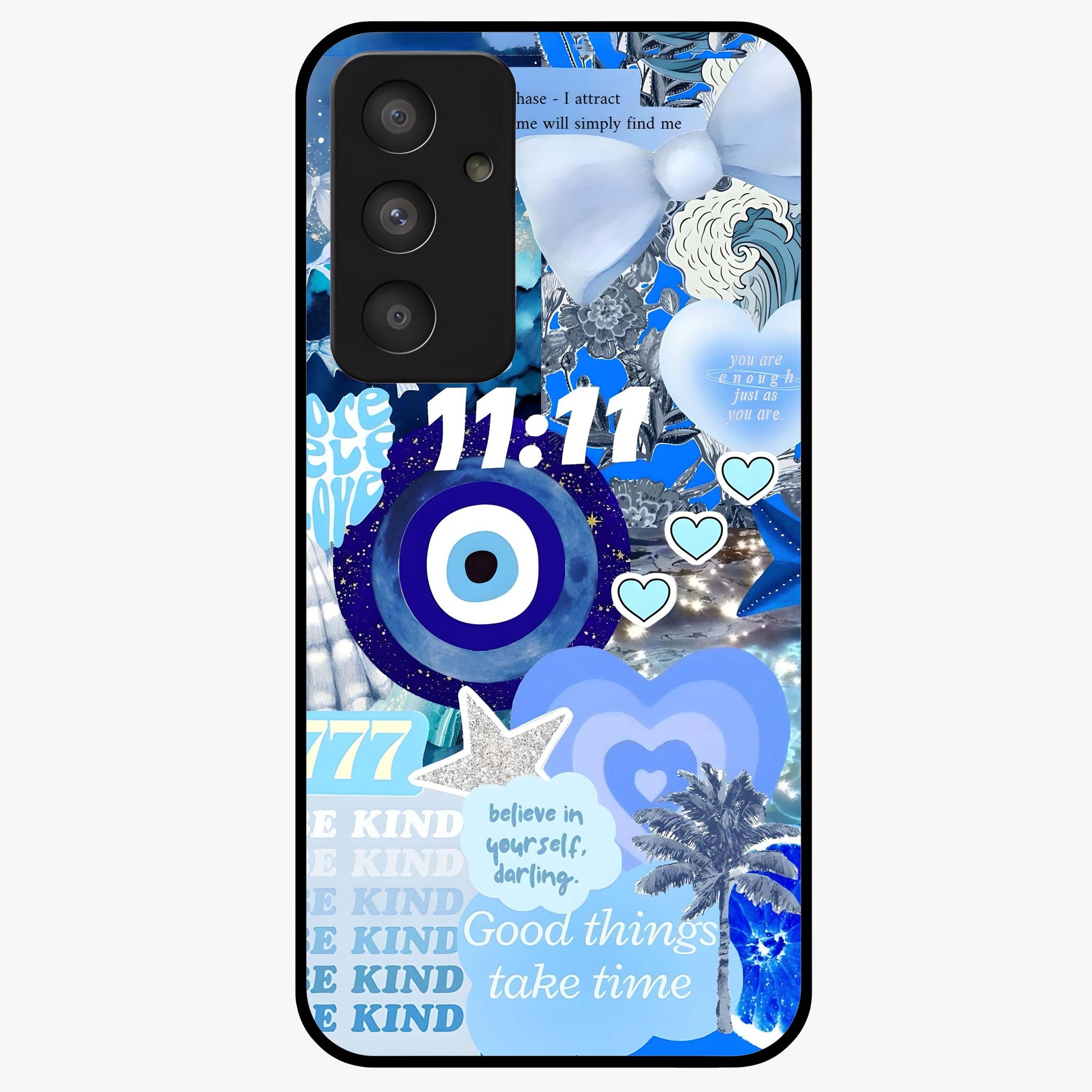 Aesthetic Be Kind Eye Glass Case showing flat back view with motivational eye artwork and glossy glass finish.