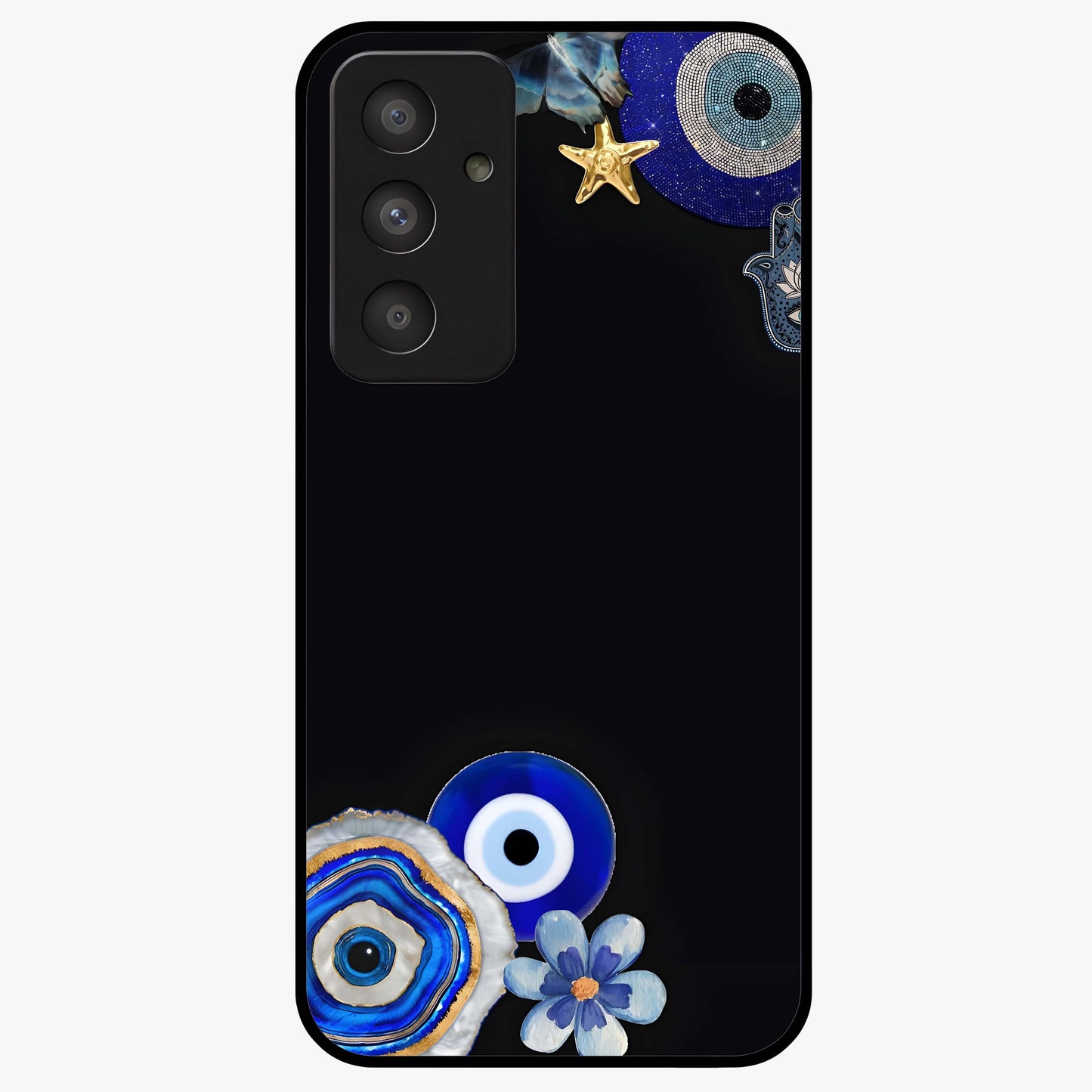 Aesthetic Blue Evil Eye Glass Case showing flat back view with protective evil eye artwork and glossy glass finish.
