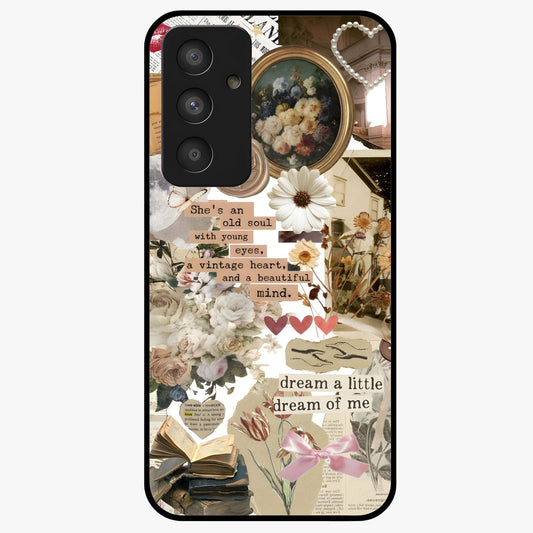 Aesthetic Brown Vintage Collage Glass Case showing flat back view with retro collage artwork and glossy glass finish.