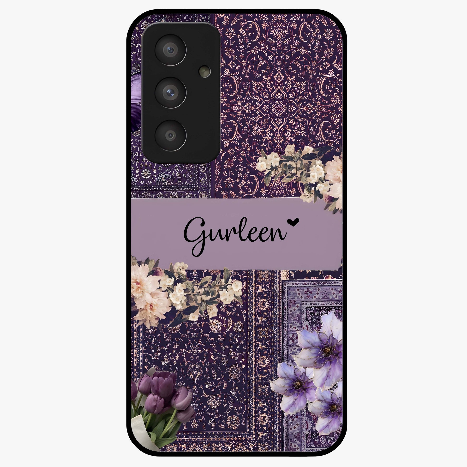 Antique Floral Whisper Custom Name Glass Case showing flat back view with vintage floral artwork and personalized name design.