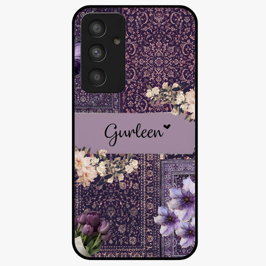 Antique Floral Whisper Custom Name Glass Case showing flat back view with vintage floral artwork and personalized name design.
