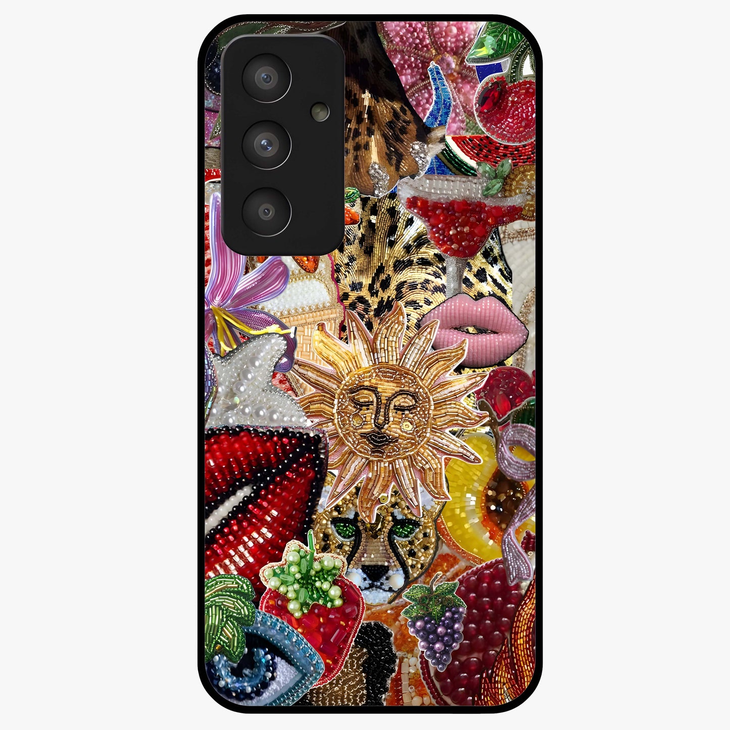 Beaded Fashion Jungle Glass Case showing flat back view with vibrant jungle inspired bead artwork and glossy glass finish.