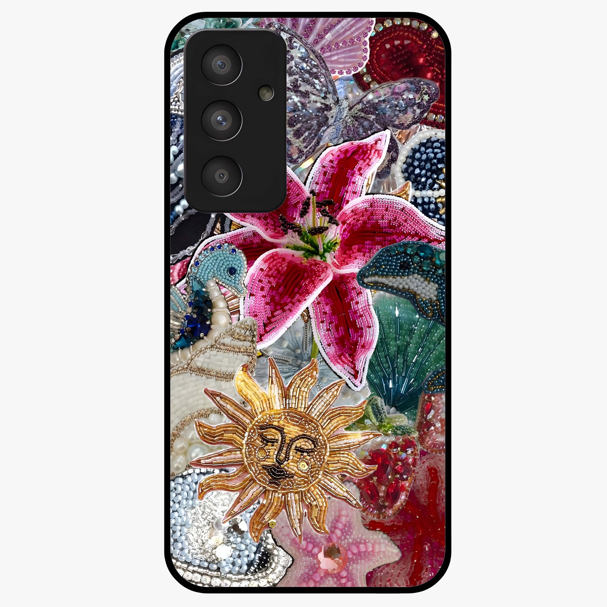 Beaded Garden Fantasy Glass Case showing flat back view with dreamy garden bead artwork and glossy glass finish.