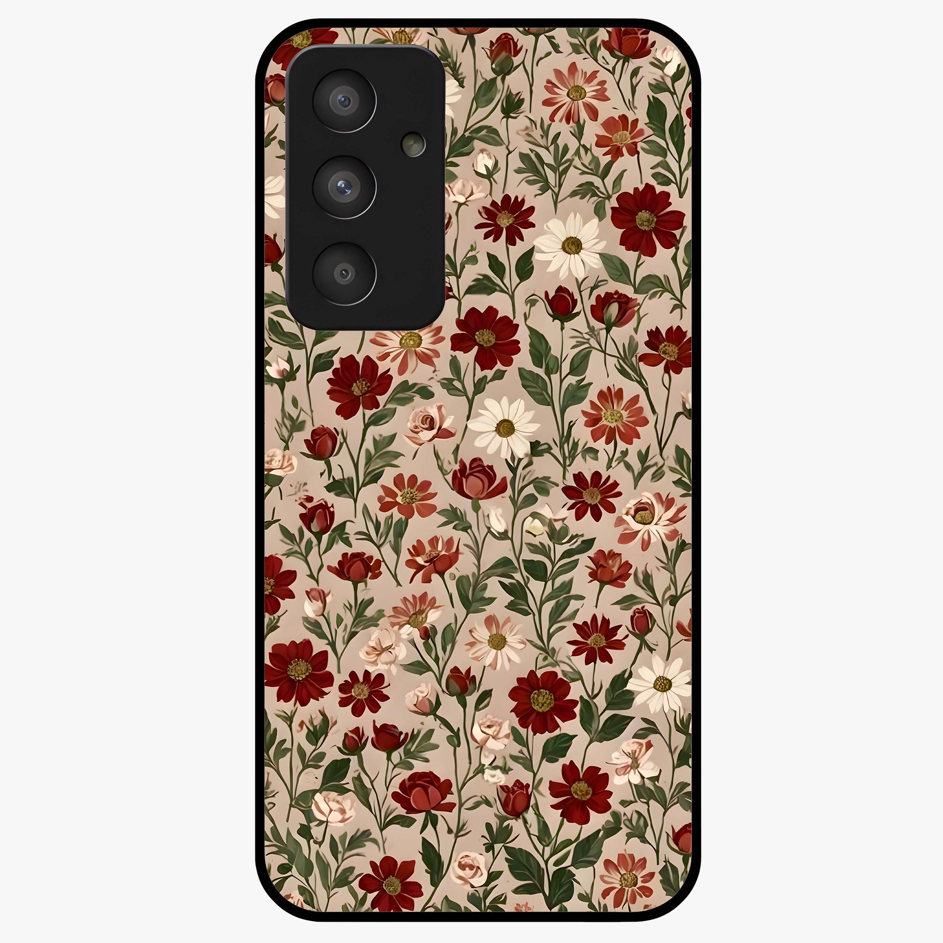 Biege Flower With Leaf Glass Case showing flat back view with soft beige floral artwork and glossy glass finish.