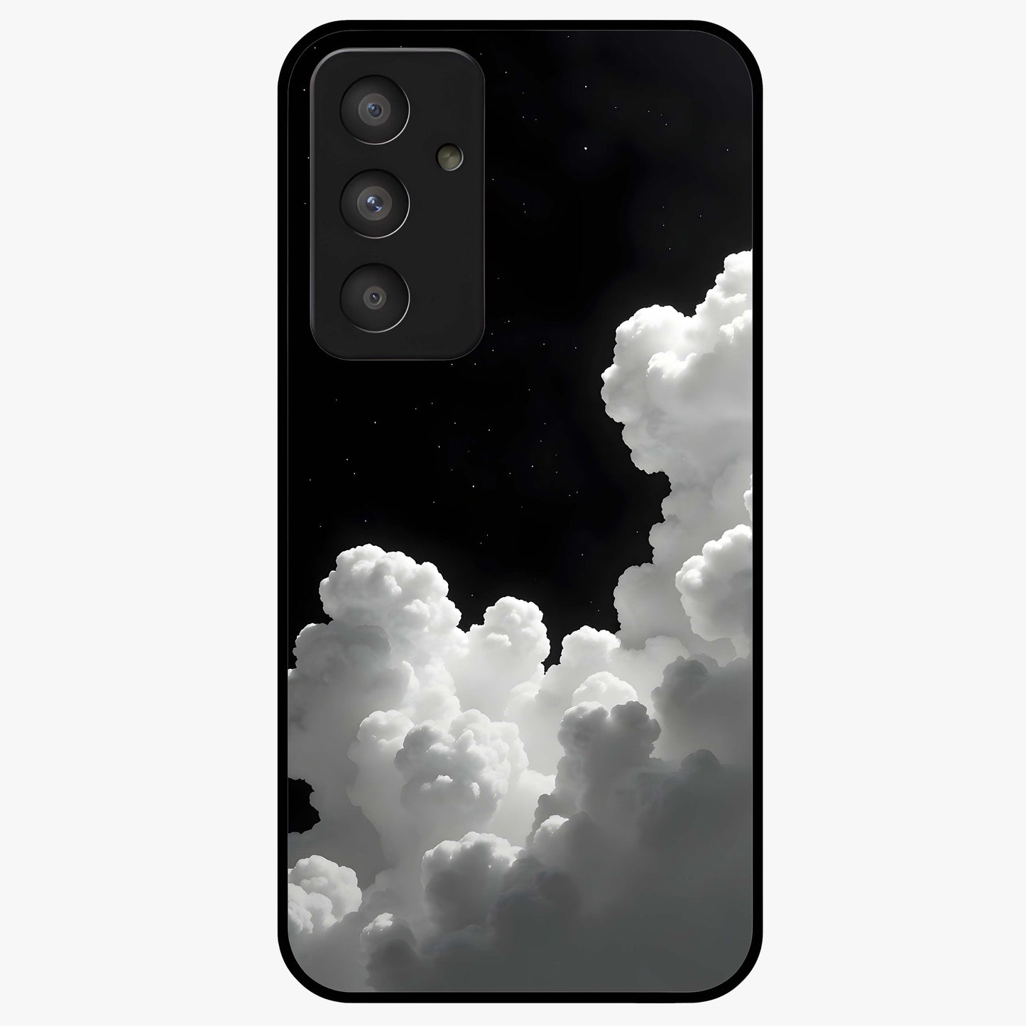 Black Background With White Cloud Glass Case showing flat back view with minimal cloud artwork on dark background and glossy glass finish.