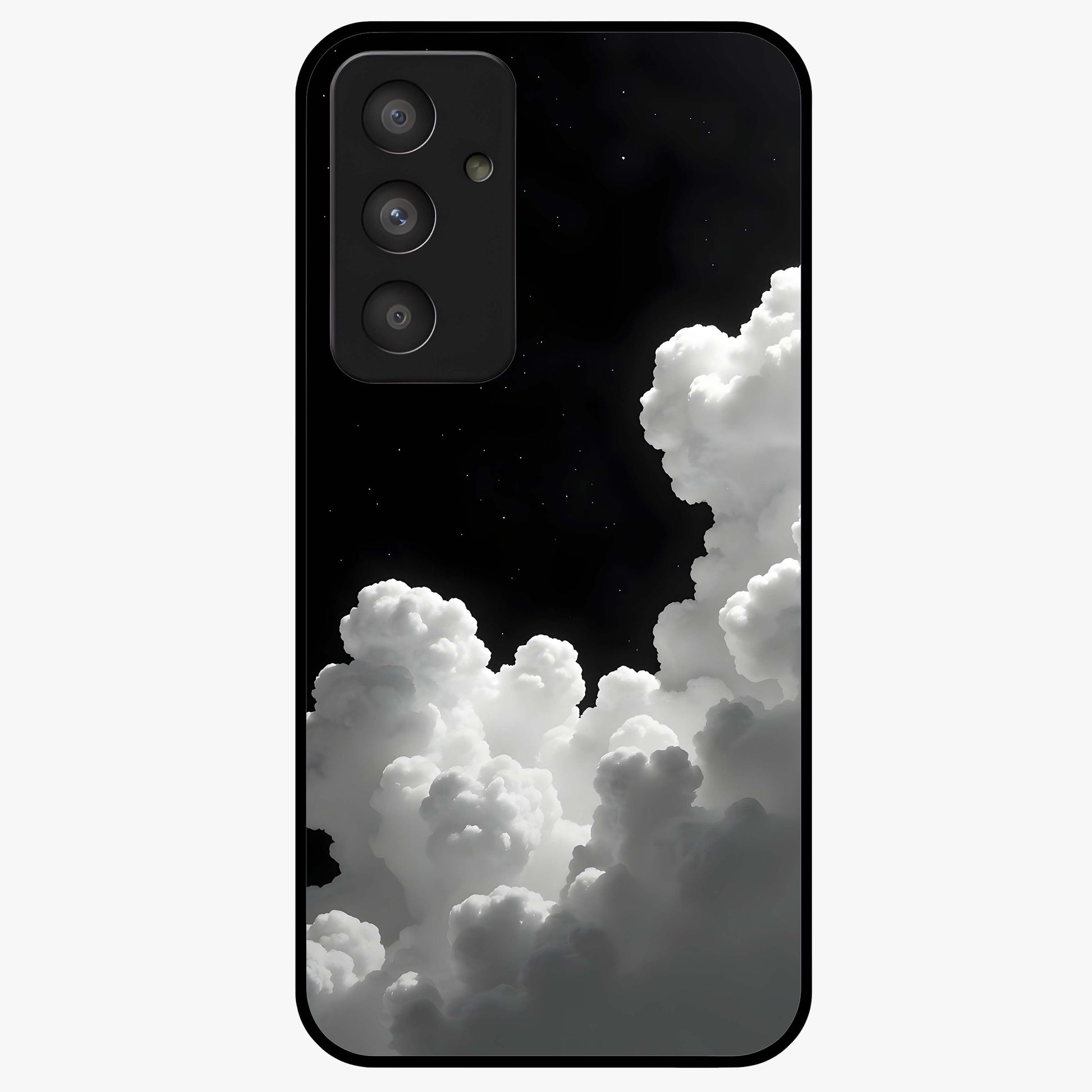 Black Background With White Cloud Glass Case showing flat back view with minimal cloud artwork on dark background and glossy glass finish.