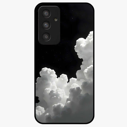Black Background With White Cloud Glass Case showing flat back view with minimal cloud artwork on dark background and glossy glass finish.
