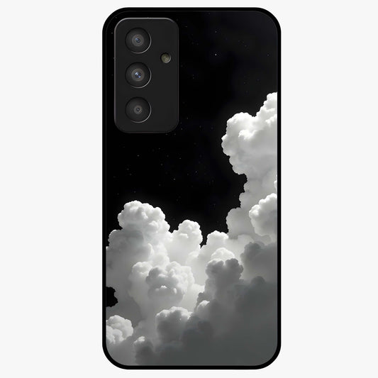 Black Background With White Cloud Glass Case showing flat back view with minimal cloud artwork on dark background and glossy glass finish.