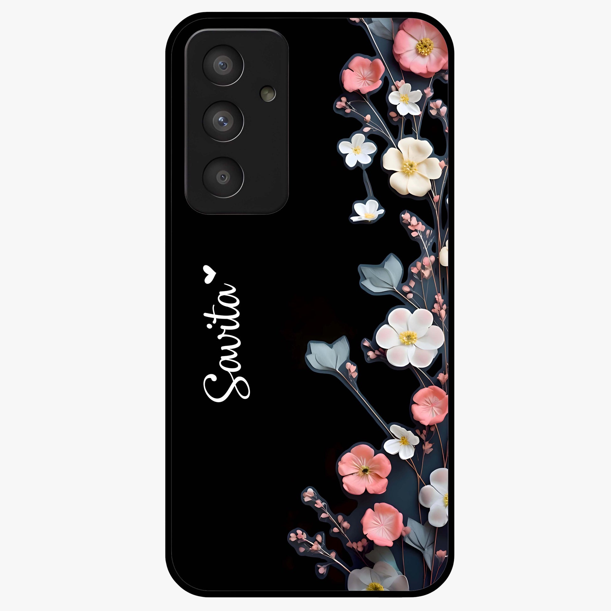 Black Elegance Floral Custom Name Glass Case showing flat back view with elegant floral artwork and personalized name design.