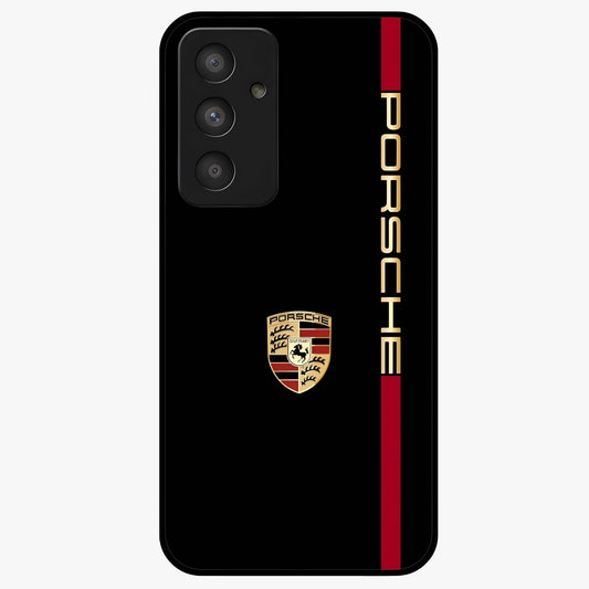 Black Minimal Porsche Glass Case showing flat back view with sleek minimal sports car artwork and glossy glass finish.