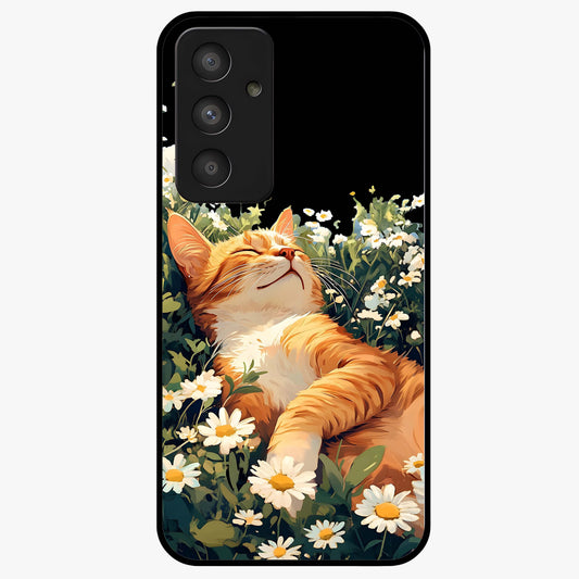 Blissful Bloom Cat Glass Case showing flat back view with cute cat and floral bloom artwork and glossy glass finish.