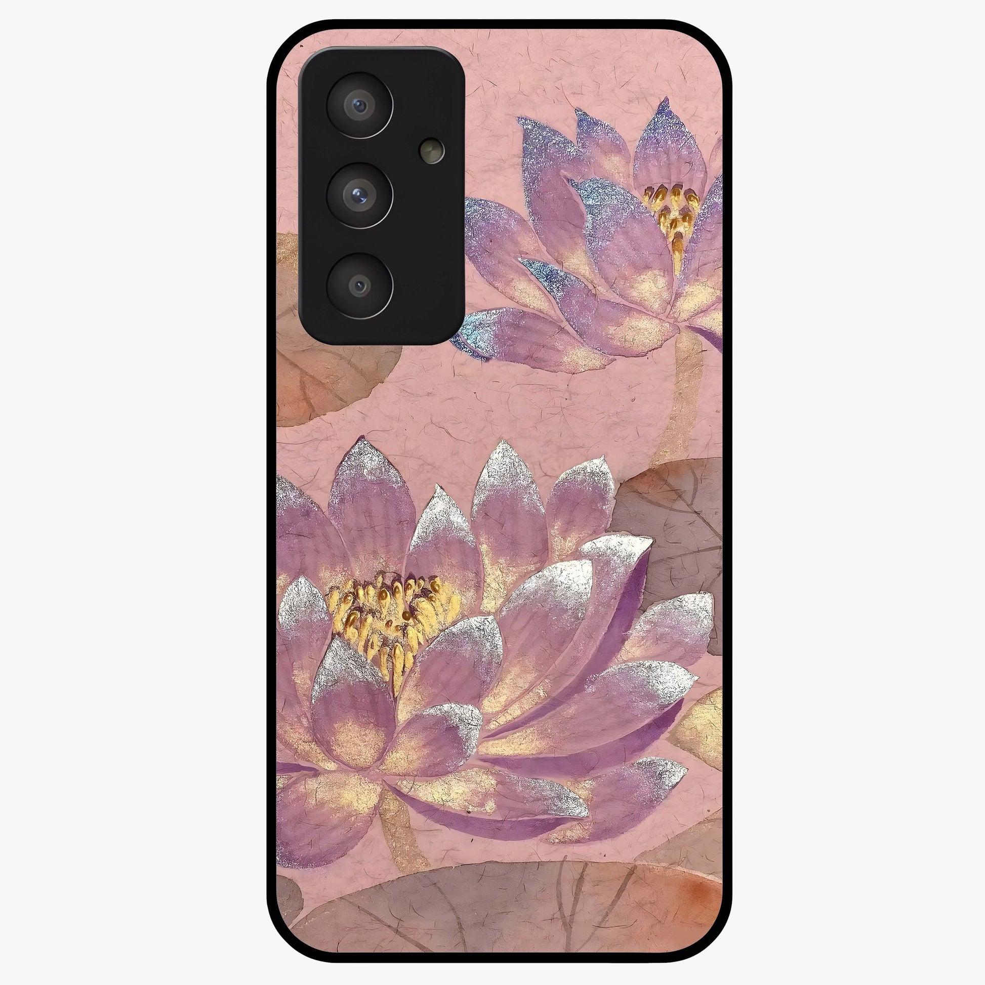 Blossom Mist Lotus Glass Case showing flat back view with serene lotus blossom artwork and glossy glass finish.
