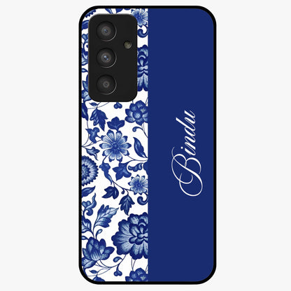 Blue Vintage Floral Pattern Glass Case upright view showcasing timeless floral illustration with vintage inspired style.