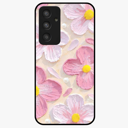 Blush Bloom Texture Glass Case showing flat back view with soft blush floral texture artwork and glossy glass finish.