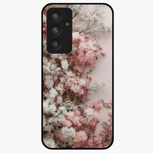 Blush Blossom Cloud Glass Case showing flat back view with dreamy blush cloud blossom artwork and glossy glass finish.
