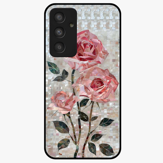 Blush Mosaic Bloom Glass Case showing flat back view with mosaic floral bloom artwork and glossy glass finish.