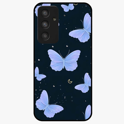 Butterfly With Stars Pattern Glass Case showing flat back view with butterfly and star pattern artwork and glossy glass finish.