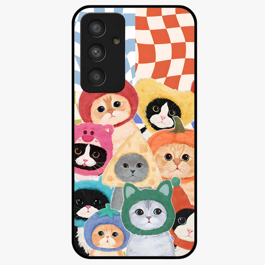 Cats in Fruits Glass Case showing flat back view with playful cat illustrations inside fruit artwork and glossy glass finish.