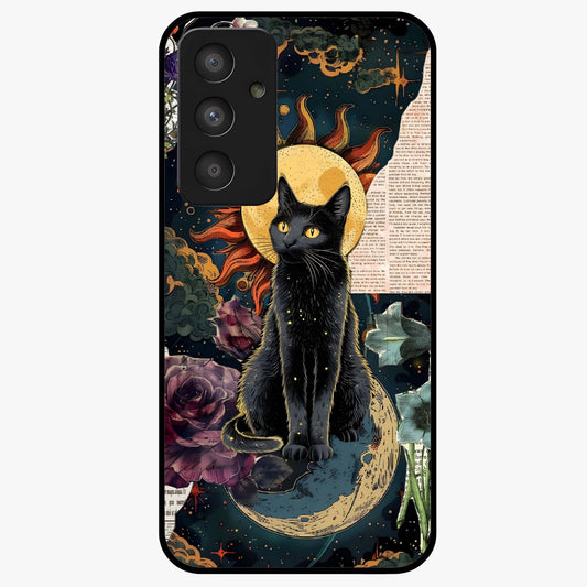 Celestial Black Cat Glass Case showing flat back view with mystical black cat artwork and glossy glass finish.
