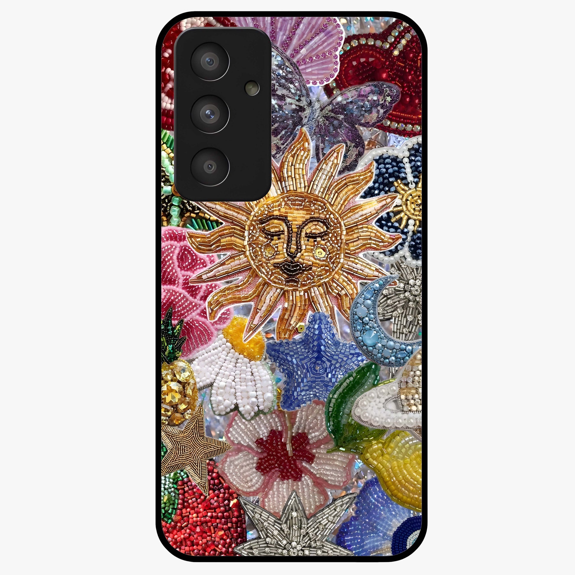 Celestial Floral and Playful Glass Case showing flat back view with floral and celestial themed artwork and glossy glass finish.