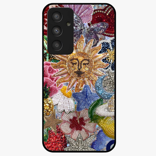 Celestial Floral and Playful Glass Case showing flat back view with floral and celestial themed artwork and glossy glass finish.