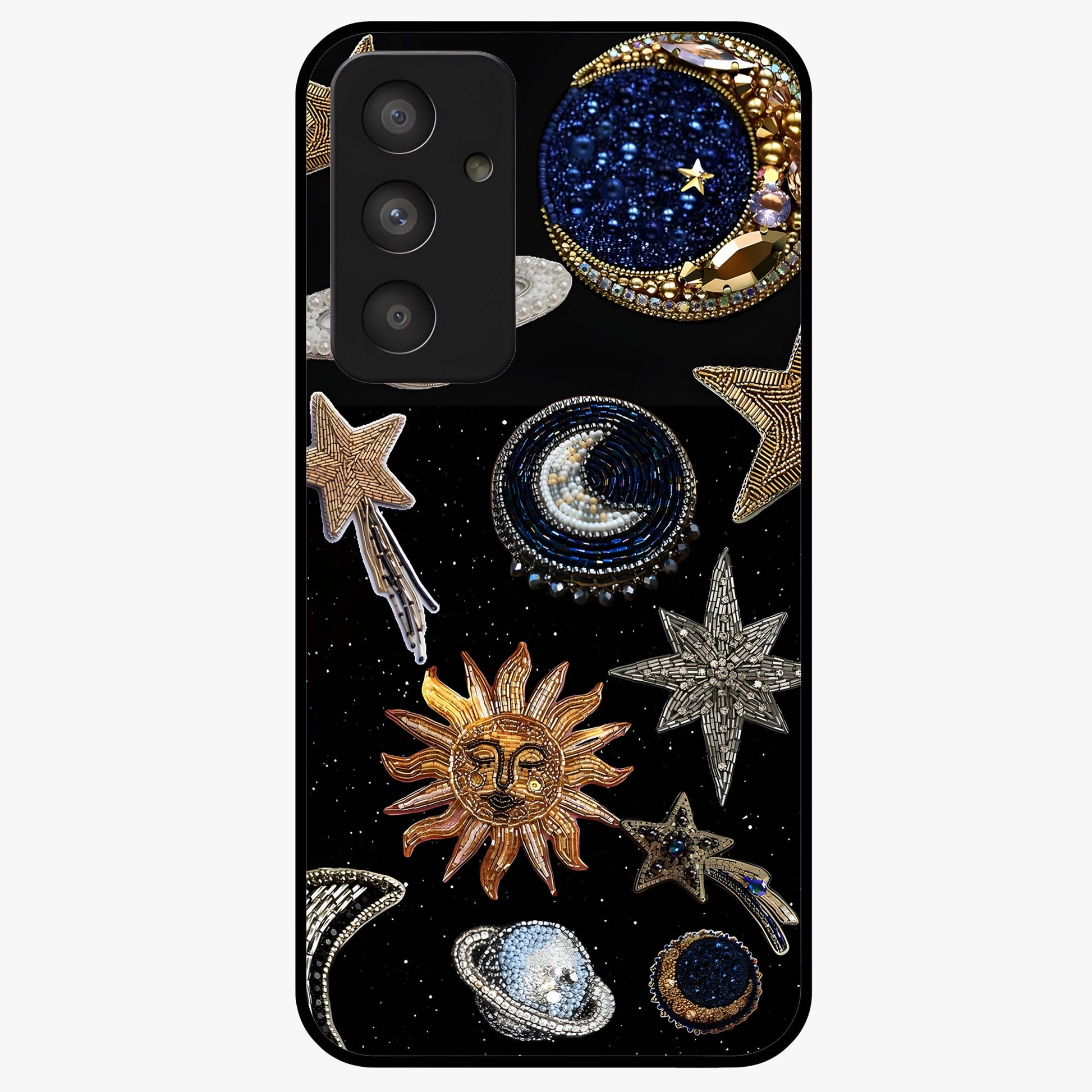 Celestial Gem Constellations Glass Case showing flat back view with sparkling constellation artwork and glossy glass finish.