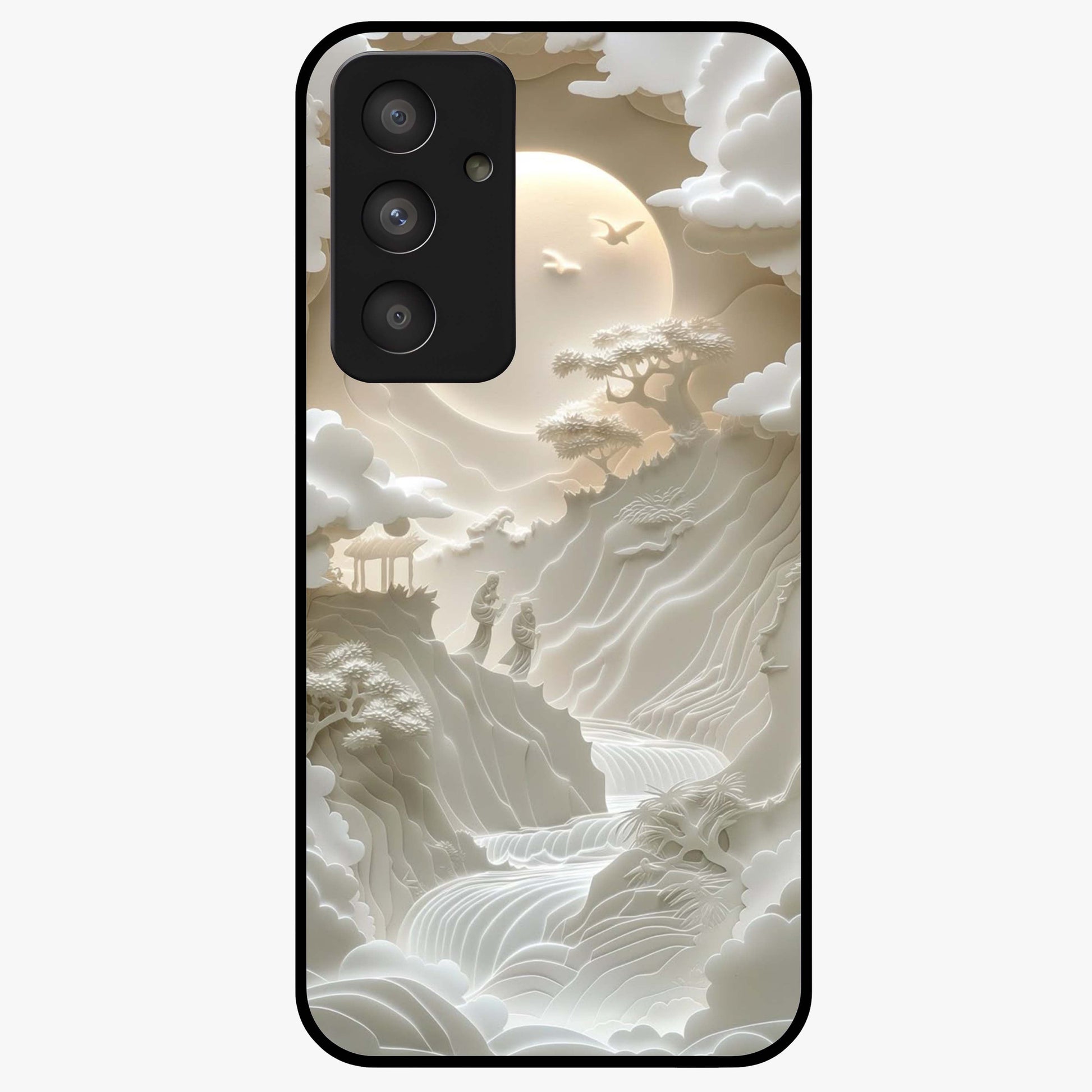 Celestial Origami Glass Case showing flat back view with artistic origami inspired celestial artwork and glossy glass finish.