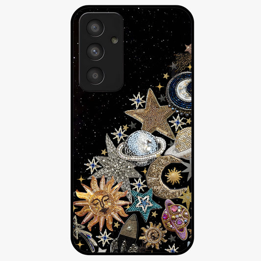 Cosmic Sparkle Dreams Glass Case showing flat back view with sparkling cosmic artwork and glossy glass finish.