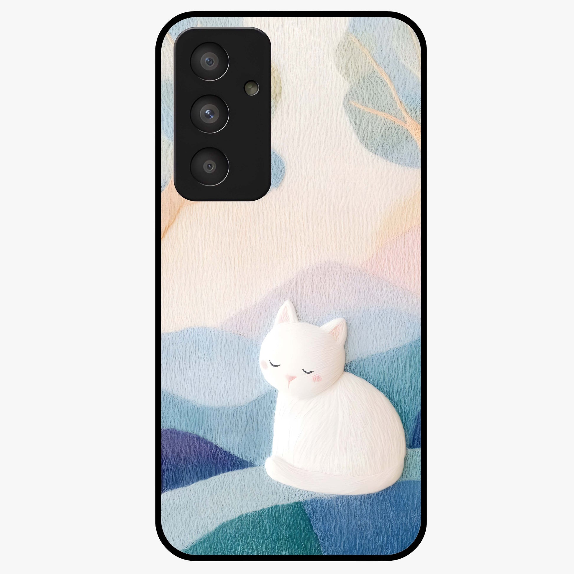 Cotton Dream Cat Glass Case showing flat back view with soft dreamy cat artwork and glossy glass finish.