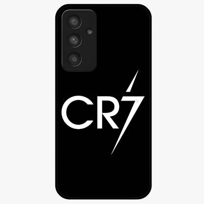 Cr7 Elite Strike Glass Case showing flat back view with dynamic football inspired artwork and glossy glass finish.