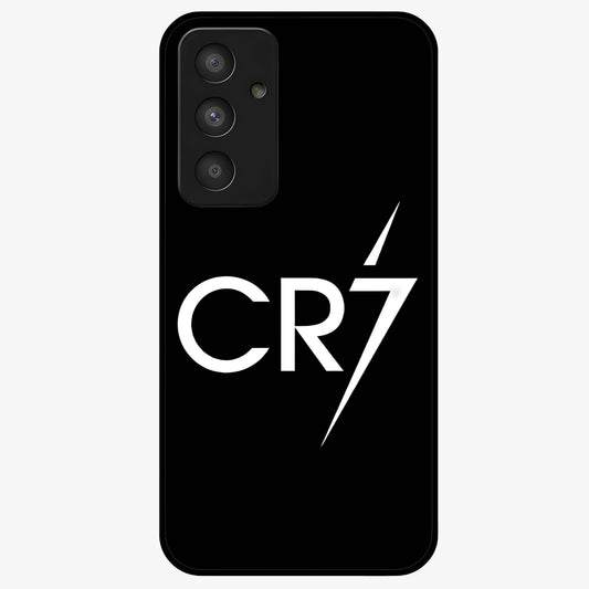 Cr7 Elite Strike Glass Case showing flat back view with dynamic football inspired artwork and glossy glass finish.