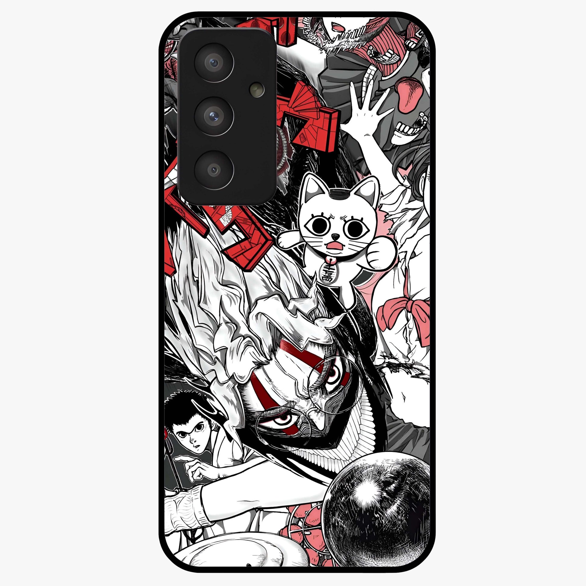 Crimson Chaos Panel Glass Case showing flat back view with bold crimson abstract artwork and glossy glass finish.