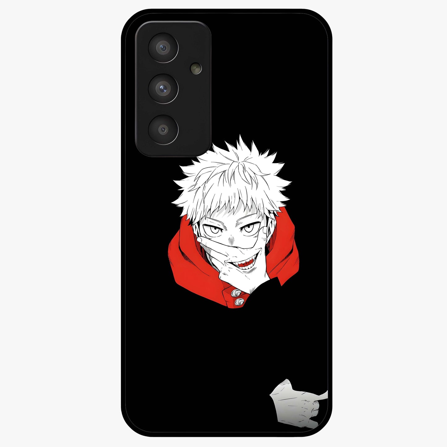Crimson Chaos Smile Glass Case showing flat back view with bold chaotic smile artwork and glossy glass finish.