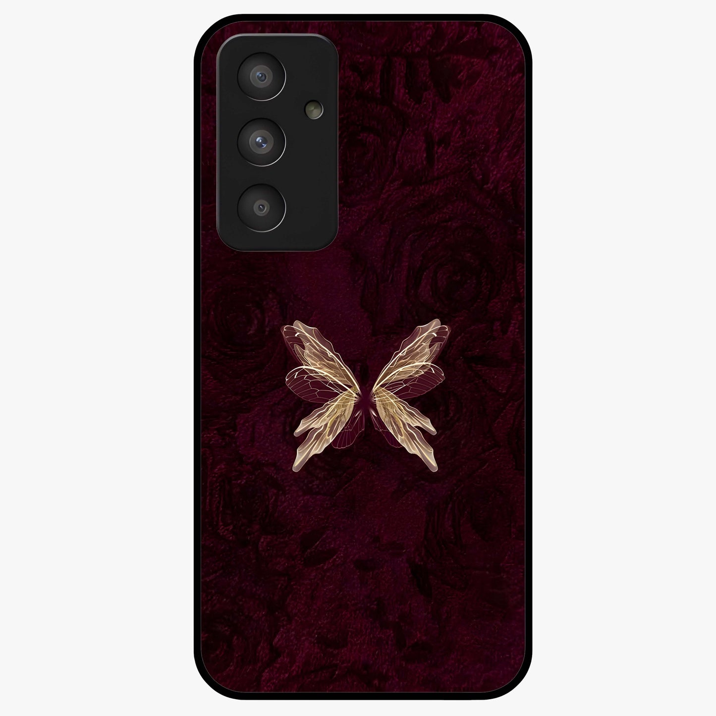 Crimson Fade Butterfly Glass Case showing flat back view with fading butterfly artwork and glossy glass finish.