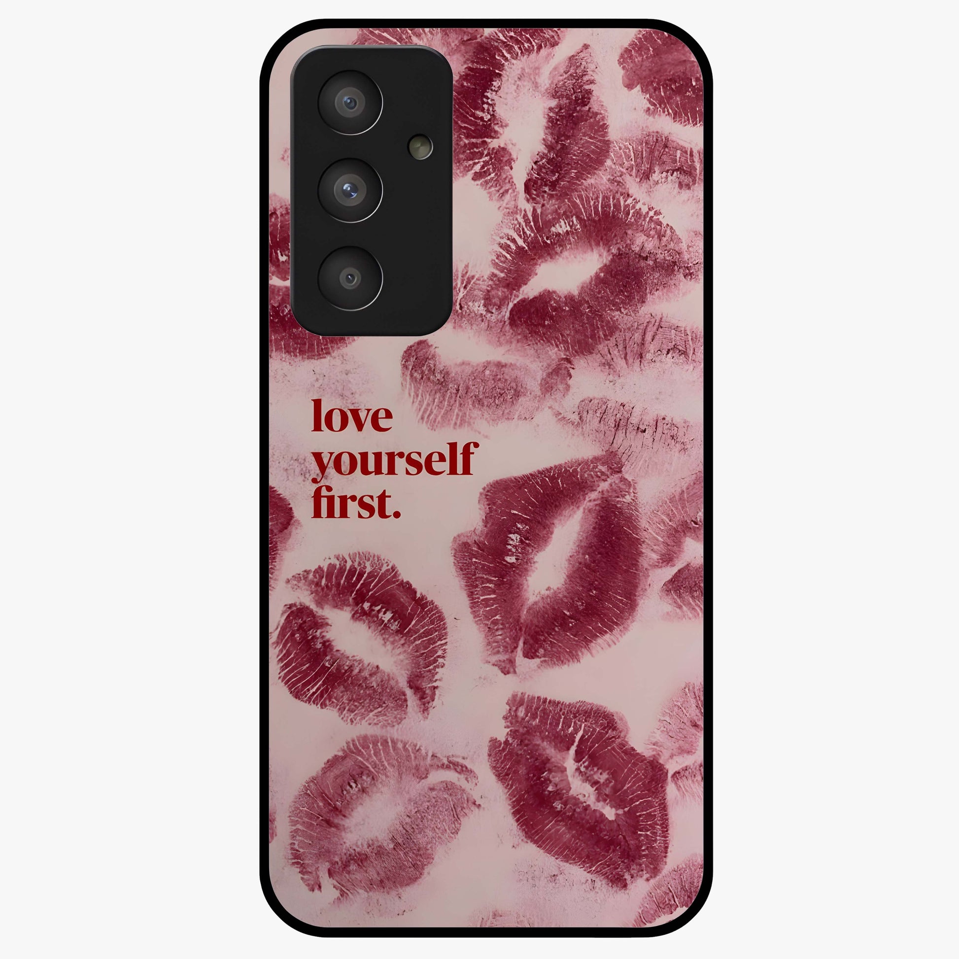 Crimson Kiss Love Glass Case showing flat back view with romantic crimson themed artwork and glossy glass finish.