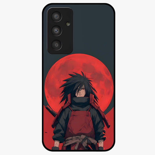 Crimson Moon Warlord Glass Case showing flat back view with mystical moon warrior artwork and glossy glass finish.