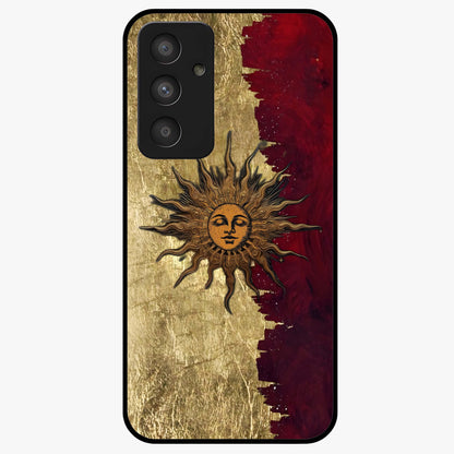 Crimson Sun Majesty Glass Case showing flat back view with radiant sun inspired artwork and glossy glass finish.