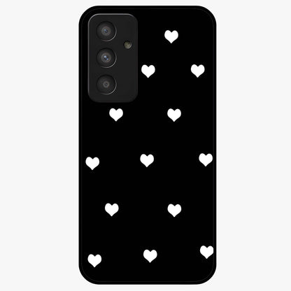 Cute And Simple White Hearts Glass Case showing flat back view with minimal white heart pattern and glossy glass finish.