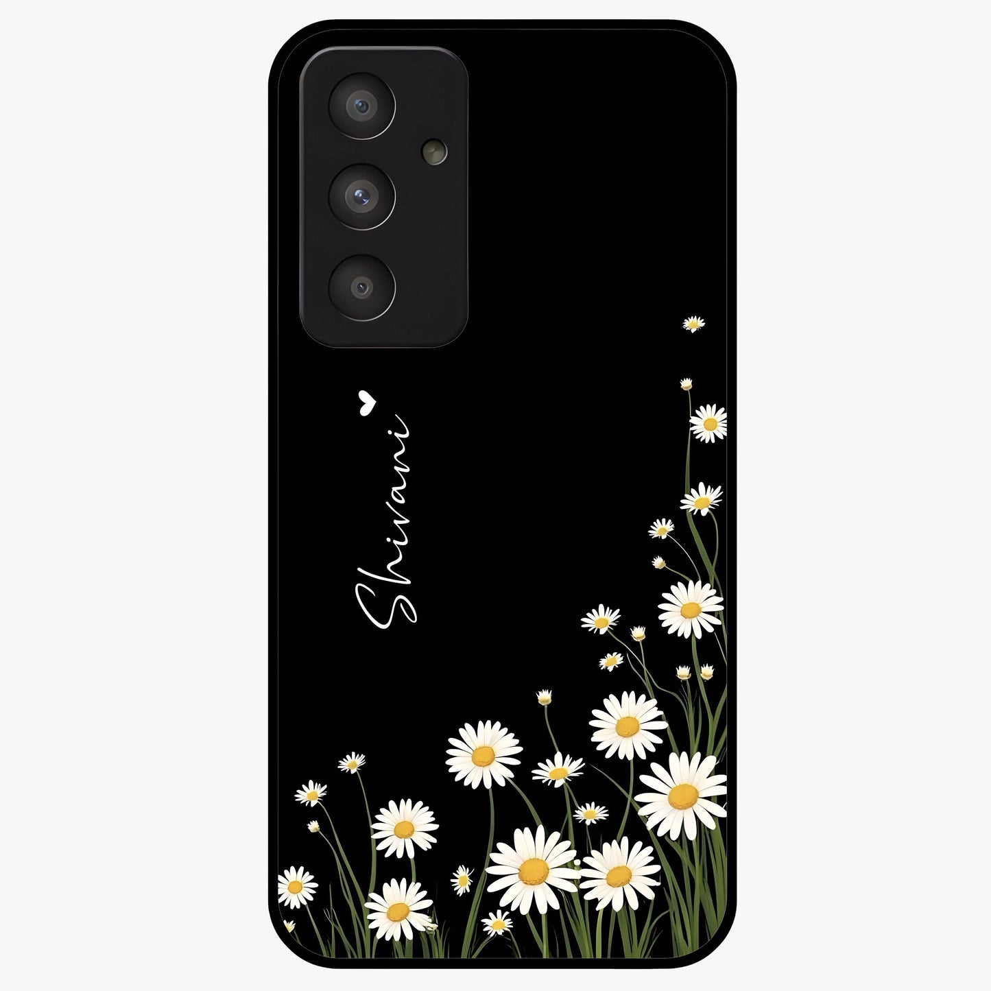 Daisy Cascade Custom Name Glass Case showing flat back view with cascading daisy flowers and personalized name design.
