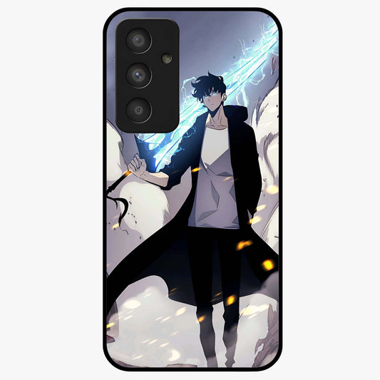 Dark Lightning Anime Warrior Glass Case showing flat back view with intense anime warrior artwork and glossy glass finish.