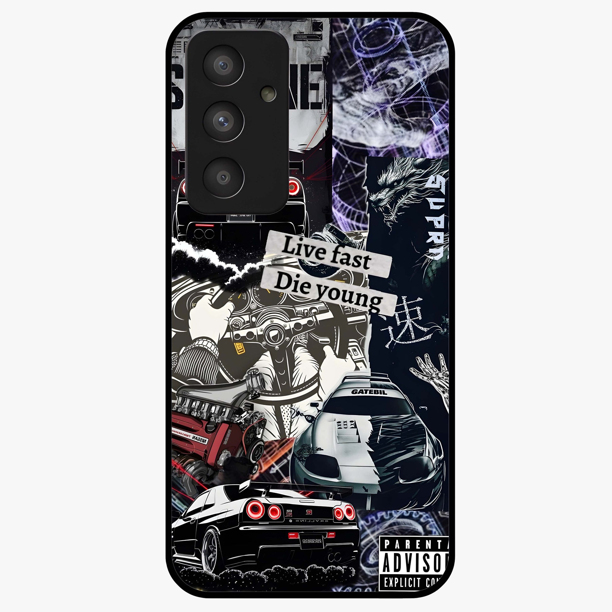Die Young Glass Case showing flat back view with bold artistic typography design and glossy glass finish.
