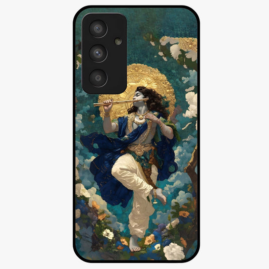 Divine Krishna Art Glass Case showing flat back view with Lord Krishna artwork and glossy glass finish.