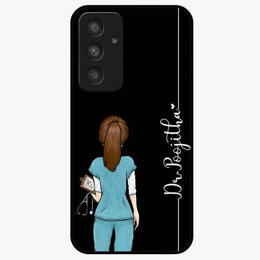 Doctor Pattern Custom Name Glass Case showing flat back view with medical themed pattern and personalized name design.
