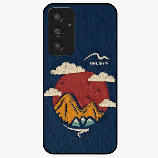 Dream Beyond Mountains Glass Case showing flat back view with scenic mountain landscape artwork and glossy glass finish.