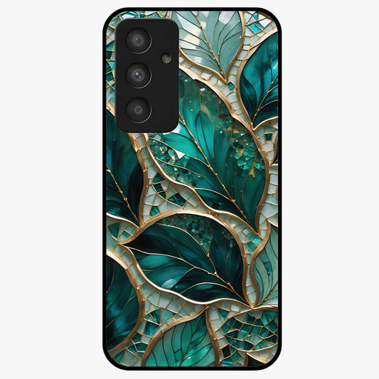 Emerald Leaf Glass Glass Case showing flat back view with emerald green leaf artwork and glossy glass finish.