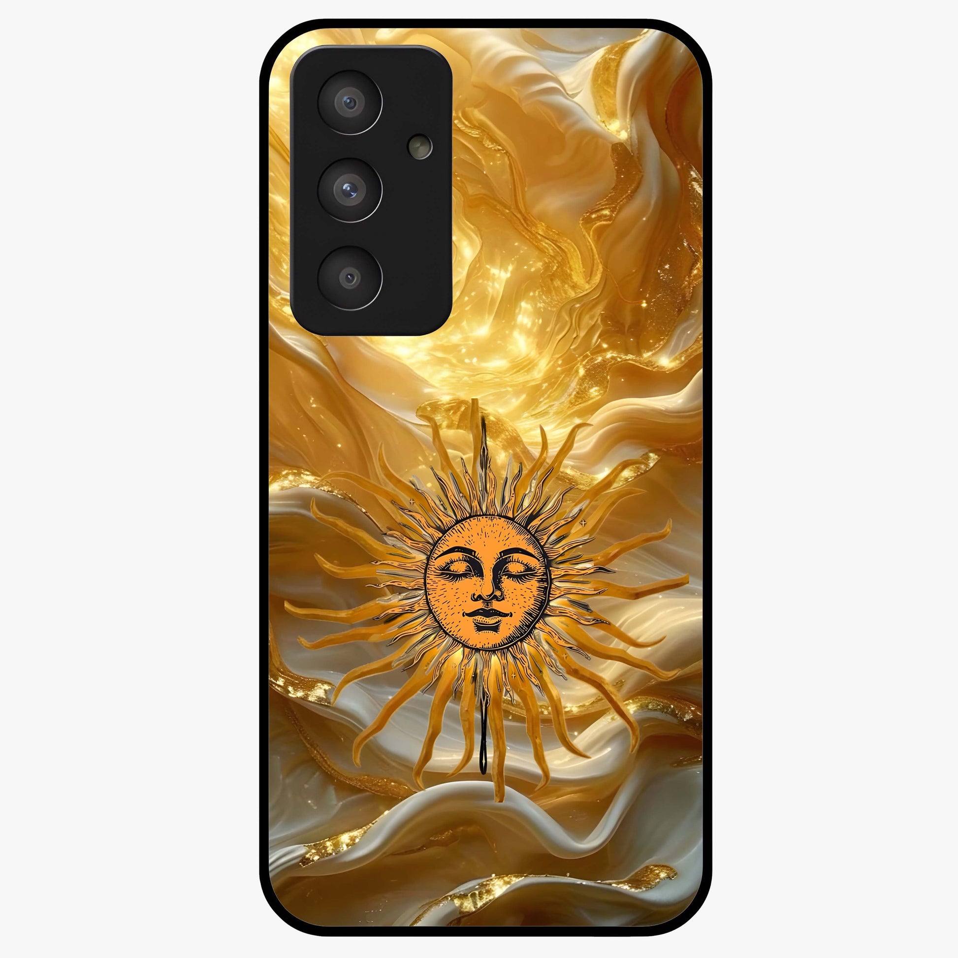 Eternal Golden Glow Glass Case showing flat back view with radiant golden themed artwork and glossy glass finish.