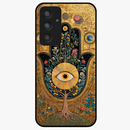 Ethereal Evil Eye Glass Case showing flat back view with mystical evil eye artwork and glossy glass finish.