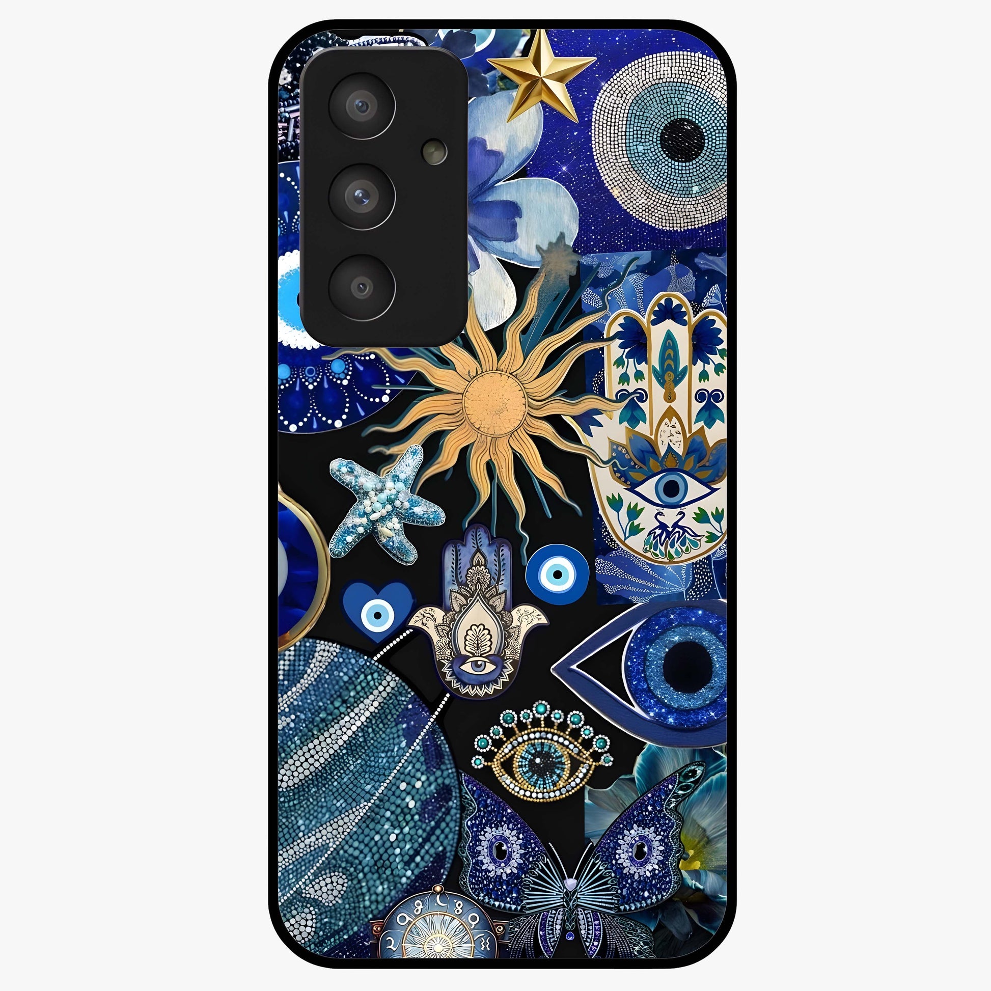 Evil Eye Charm Mix Glass Case showing flat back view with multiple evil eye charms artwork and glossy glass finish.