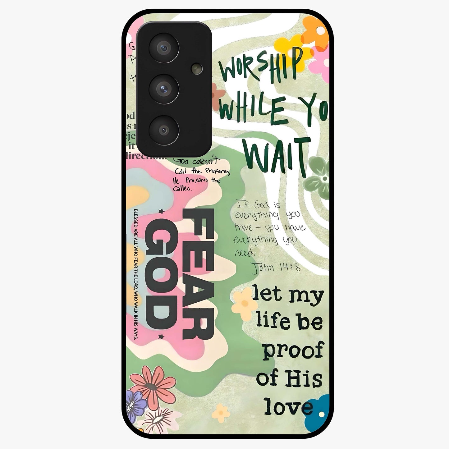 Faith Over Fear Glass Case showing flat back view with motivational typography artwork and glossy glass finish.
